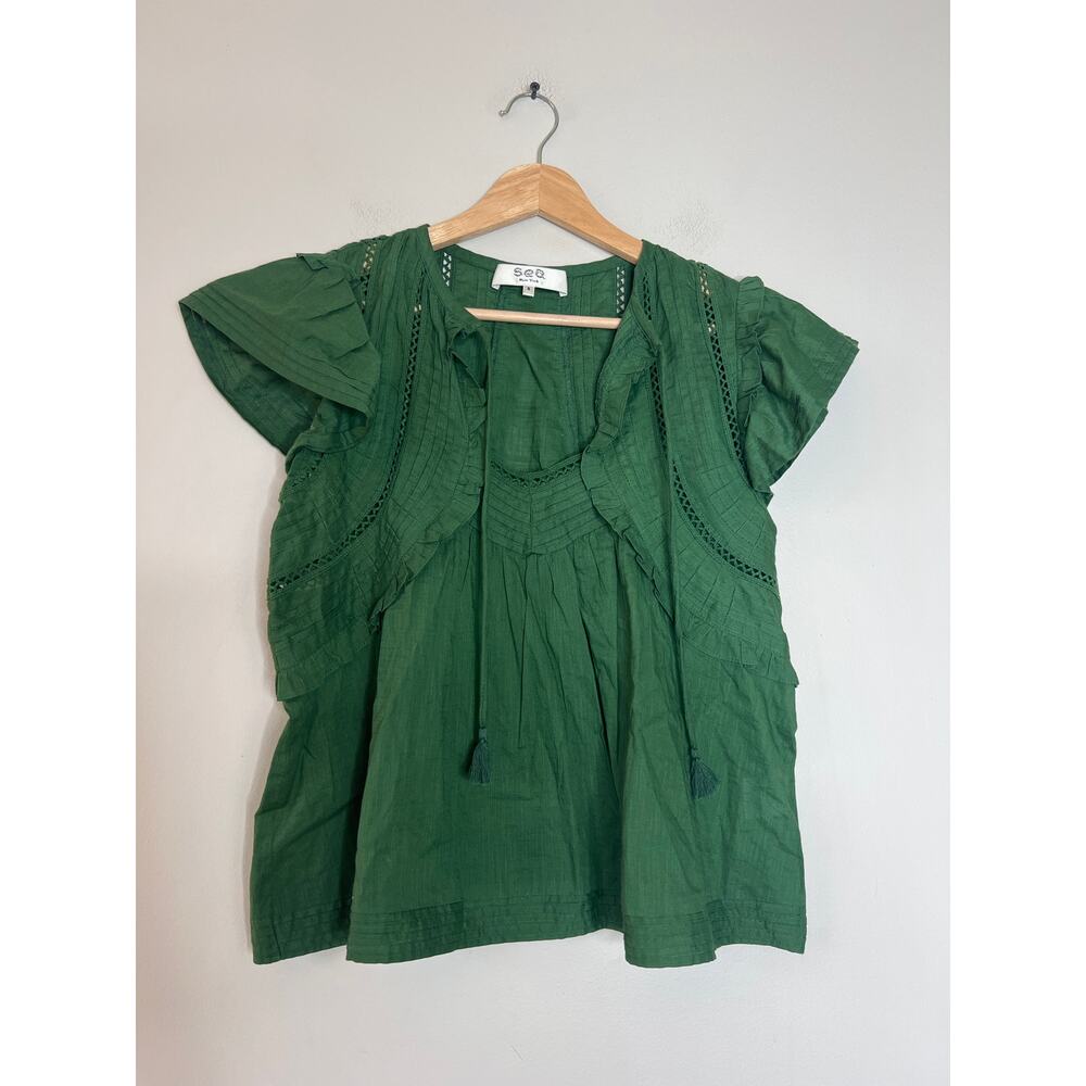 NEW Sea New York Renata PinTuck Details Flutter Sleeves Top Green Size: Small - Picture 2 of 7